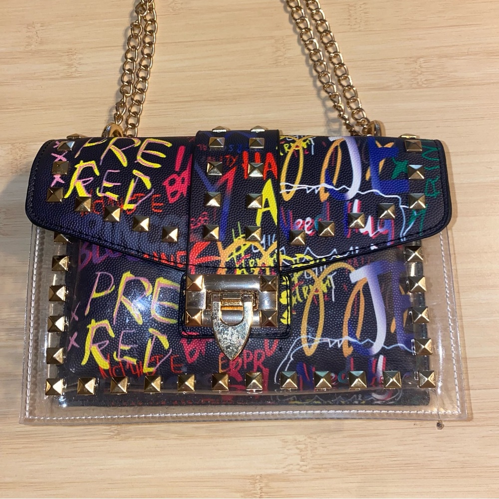 Jelly Grafitti Quilted Twist Lock Purse Bag Studded Multicolor Crossbody Chain - Picture 2 of 15